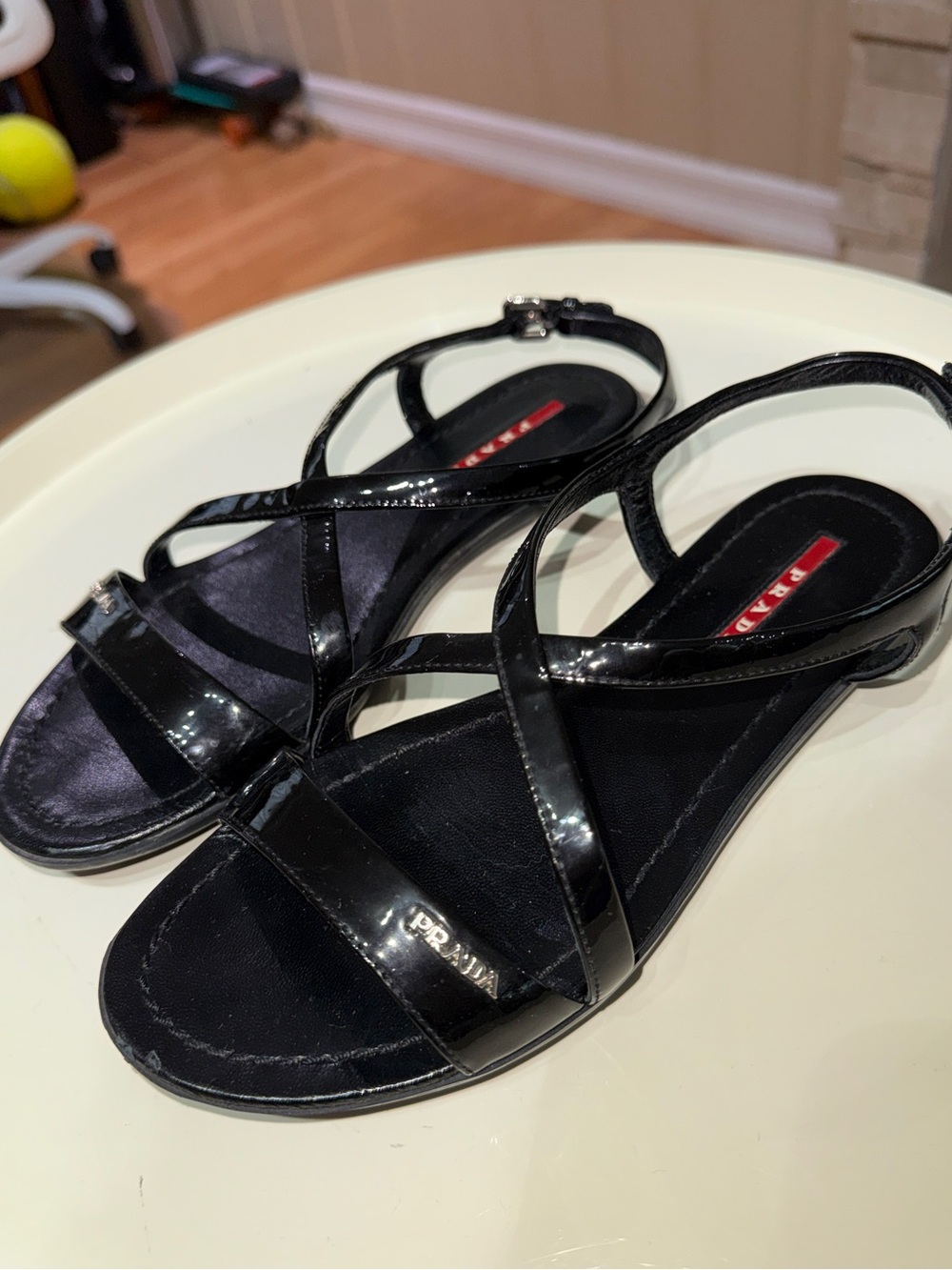Prada Black Patent Leather Strappy Flat Sandals with box